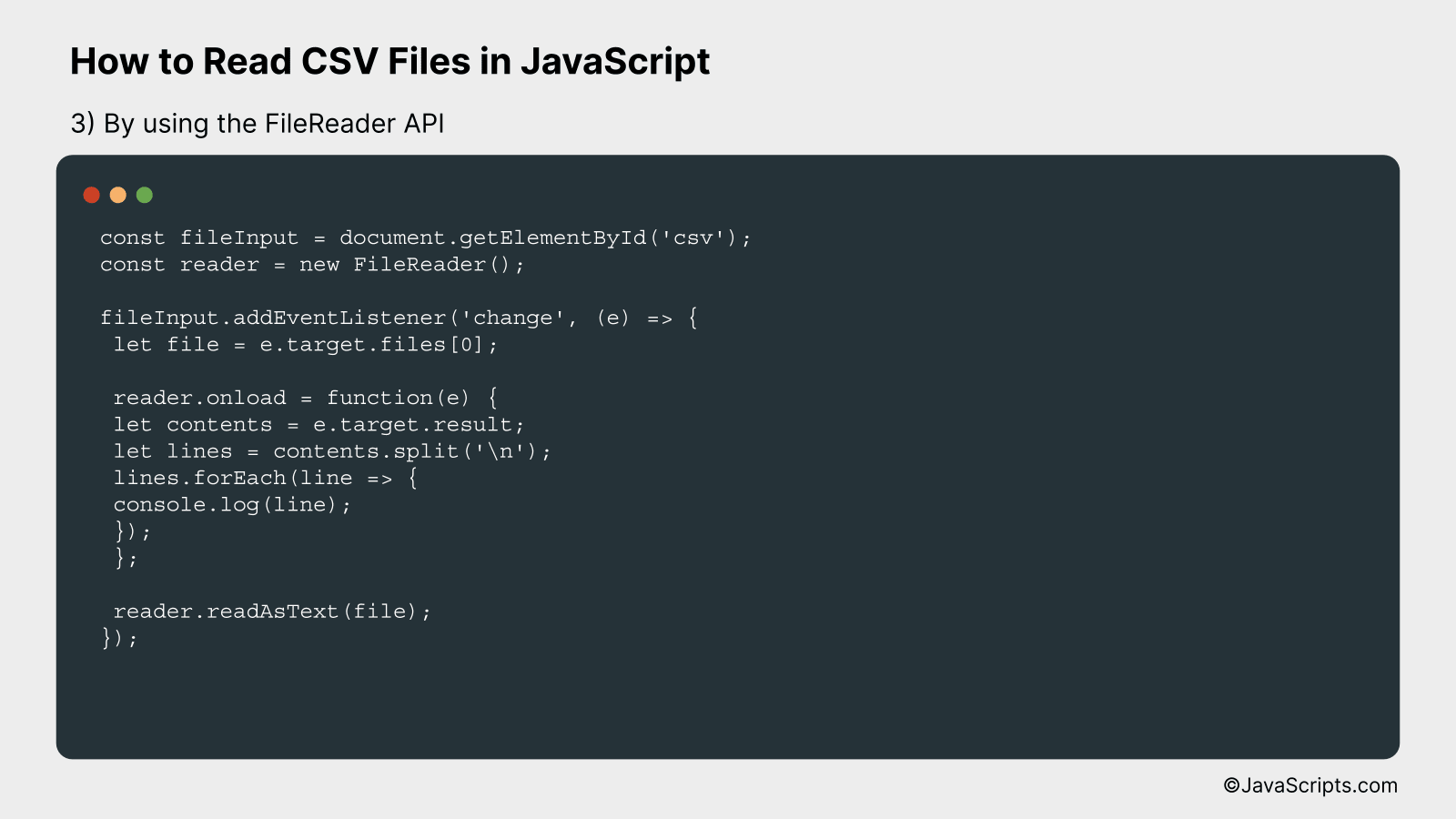 By using the FileReader API