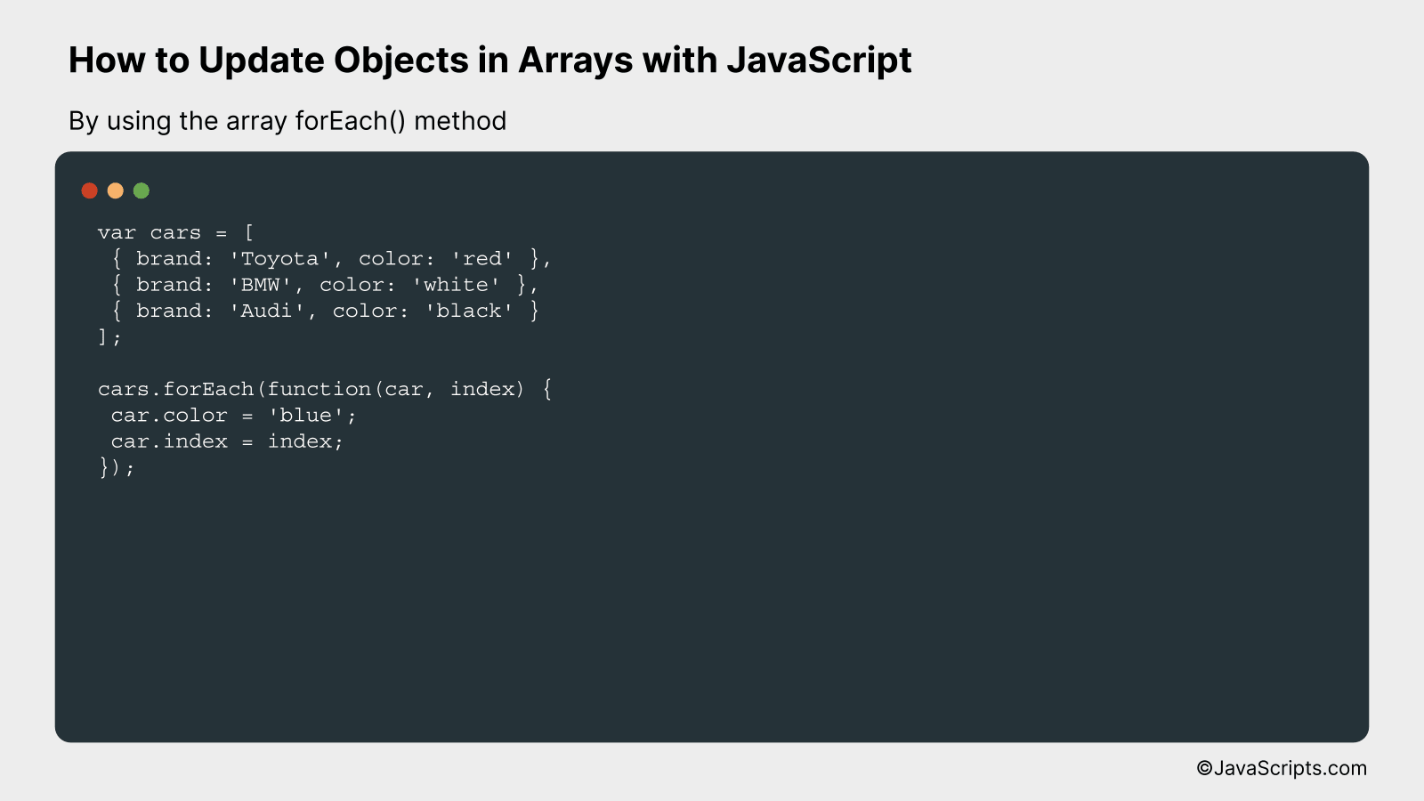 By using the array forEach() method